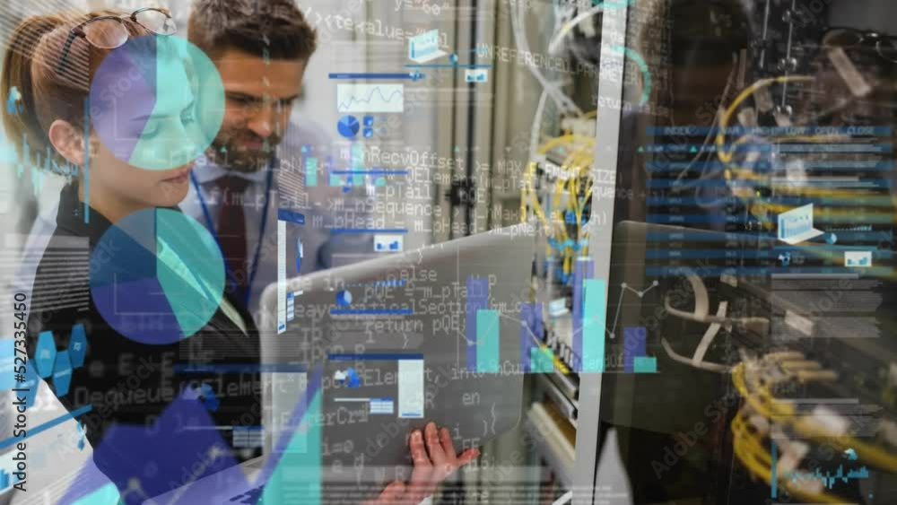 Poster animation of data processing over caucasian man inspecting server room