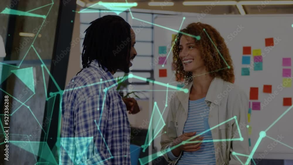 Poster animation of financial data processing over diverse business people using laptop