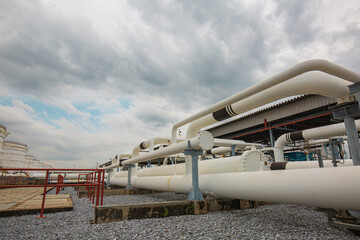 Steel long pipes and pipe elbow in station oil factory during refinery Petrochemistry industry