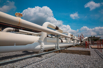 Steel long pipes and pipe elbow in station oil factory during refinery Petrochemistry industry