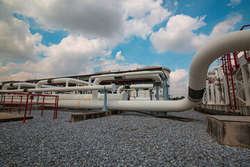 Steel long pipes and pipe elbow in station oil factory during refinery Petrochemistry industry