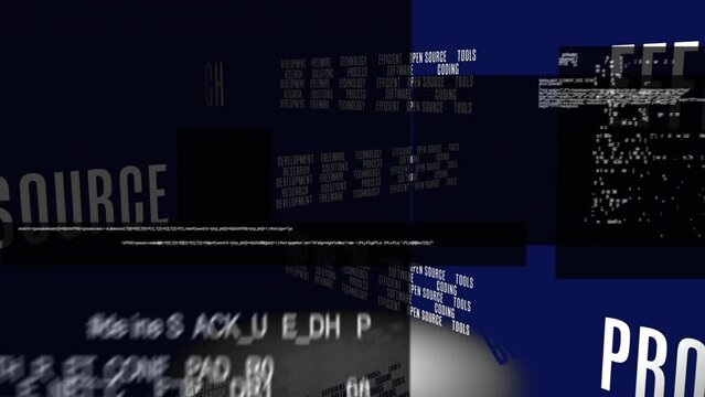 Digital animation of binary coding data processing against blue square icons on blue background