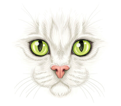Realistic cat portrait. Beautiful muzzle of kitten with large green eyes close up. Design element for printing. Face of cute fluffy animal. Digital 3D vector illustration isolated on white background