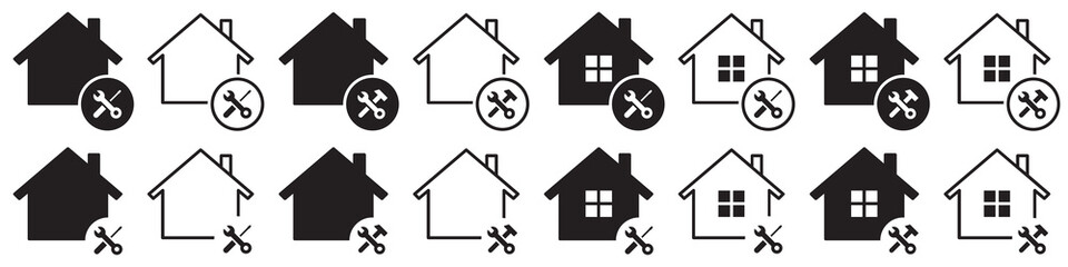 Set of home repair icons. Building maintenance service symbols. House building tools. Repair, renovation or maintenance. Vector illustration.