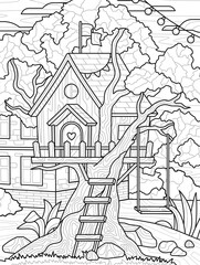 Design for coloring book. Tree house in backyard for young children. Entertainment and antistress for adults and kids. Black and white template. Cartoon flat vector illustration in Zen tangle style