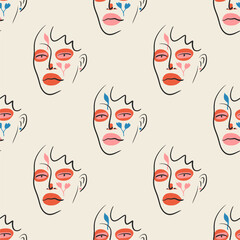 Hand-drawn girl with bright makeup, seamless pattern. Vector seamless print for wrapping, notebooks and notepads, fabric, covers and more.