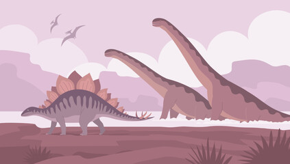 Big sauropods and stegosaurus. Lizards bathe in water. Herbivorous dinosaur of the Jurassic period. Prehistoric pangolin. Science paleontology. Wild landscape. Vector cartoon illustration © Mikhail