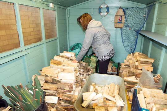 Woman Stock Piling Wood, During The UK Cost Of Living Fuel Crisi.