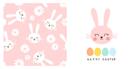 Seamless pattern with sleeping rabbit cartoons and tree on blue background vector.  