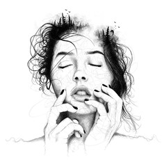 Black white melancholic girl, digital drawing