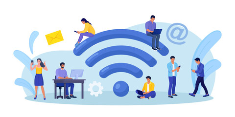People working with portable devices near big wifi sign in free internet zone. Public free wi-fi hotspot, wireless connection. Characters surfing internet. Technology globalization and reachability - obrazy, fototapety, plakaty