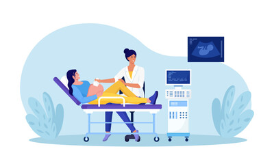 Ultrasound pregnancy screening. Embryo baby health diagnostic. Gynecologist making scan pregnant woman with ultrasound machine in hospital office. Gynecology abdomen examination, abdominal sonogram