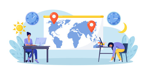 Busy business women near big world map working in different time zones. Time zone, international time, global network. Worldwide business. Clock showing local time