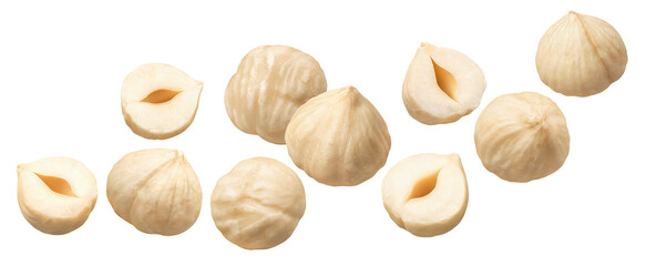 Peeled hazelnuts isolated on white background. Flying nuts. Diagonal layout