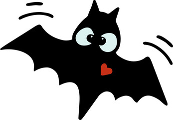 Black bat with heart, halloween doodle clipart transparent background
