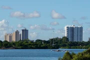 Aerial view of stunning landscape with architectural buildings in Mahabalipuram, Tamilnadu. Scenic view against cloudy sky.