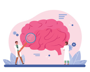 Brain research by laboratory sicentists. Head Tomography. Phsychology diagnostics development, Flat vector illustration.