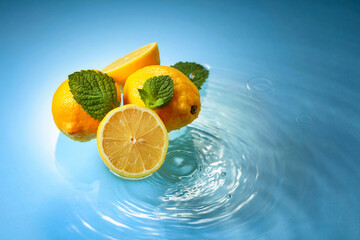Juicy lemons with mint on a blue background with water splashes.