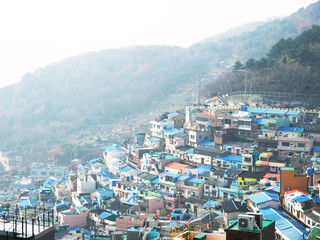 Colourful and crowded houses on hill in Gamcheon Cultural Village, Busan, South Korea
