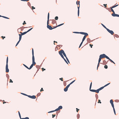 Pattern seamless illustration on the theme of yoga and sports, consisting of different poses of a barefoot woman in blue-brown sportswear.