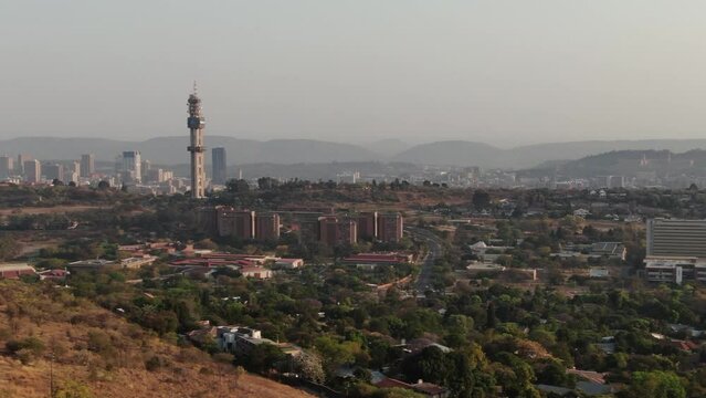 Aerial drone footage of the city skyline of Pretoria, South Africa