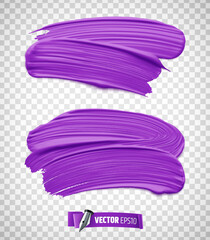 Vector realistic purple paint brush strokes on a transparent background.
