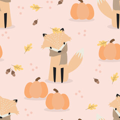 Fox and Pumpkin in Autumn Season Seamless Pattern.