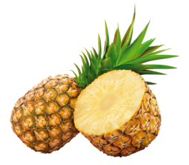 Abacaxi inteiro e abacaxi cortado em fundo branco