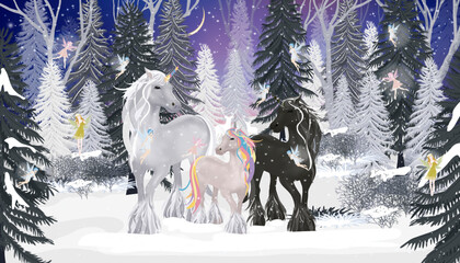 Fantasy cute cartoon Unicorn family and little fairies flying in magic forest at Christmas night, Vector illustration landscape of Winter wonderland. Fairytale background for bed time story concept
