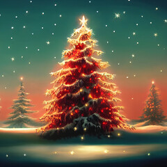 Illustrated Painting of Christmas Trees in Snow Background