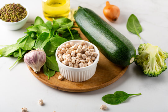 Fresh vegetables and chick pea for coooking vegan food