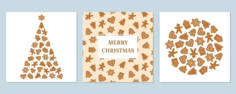 Set of Christmas greeting cards with gingerbread cookies. Winter homemade sweets pattern