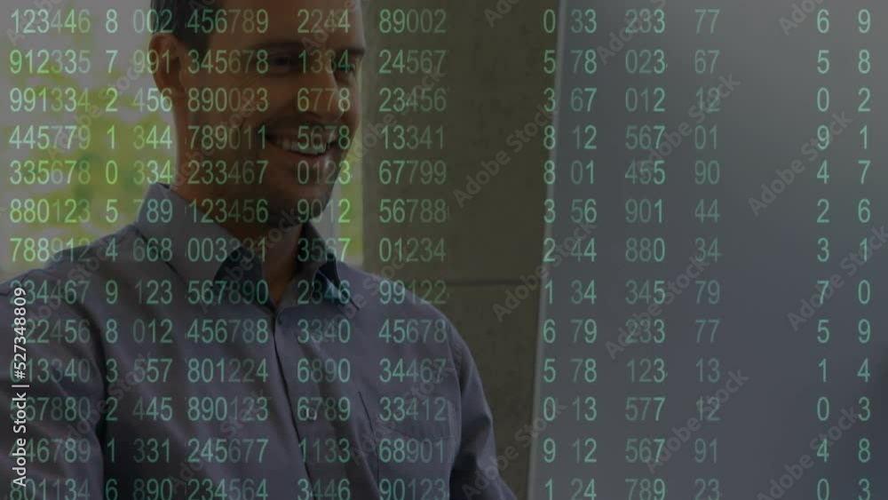 Poster animation of data processing over smiling caucasian businessman in office