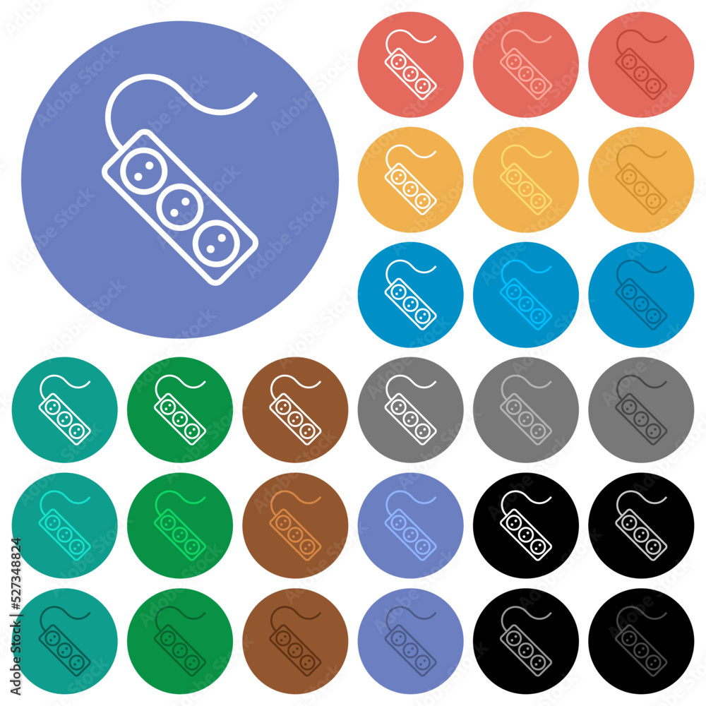 Poster portable electrical outlet with three sockets and cord outline round flat multi colored icons