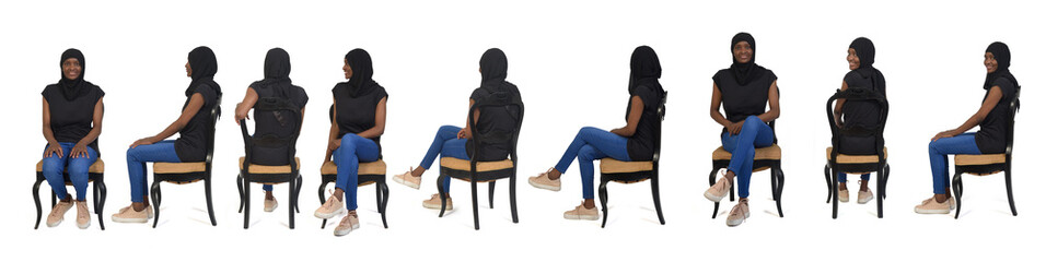 line of a group of same women sitting on chair on white background