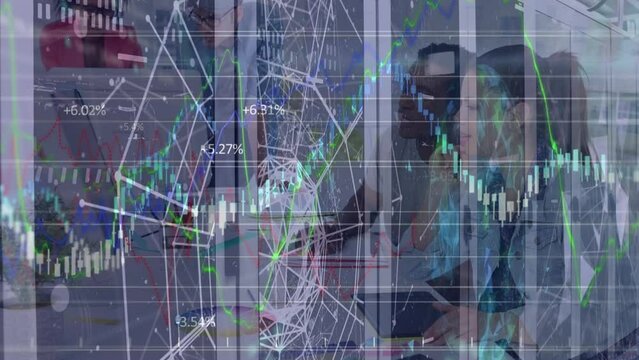 Animation of financial data processing over business people working in office