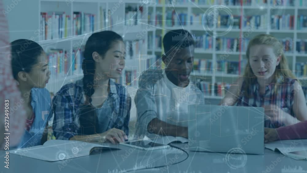 Poster animation of data processing over group of students using computers