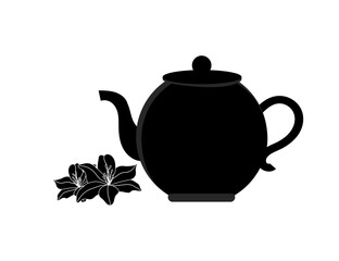 
Flat black vector icon - teapot and flowers (jasmine).