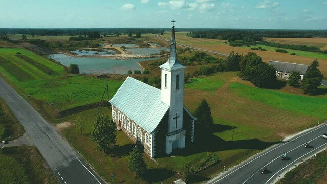 Aerial video overview of Tudulinna Closter, Estonia. Beautiful Estonian landscapes. Drone video capture.
