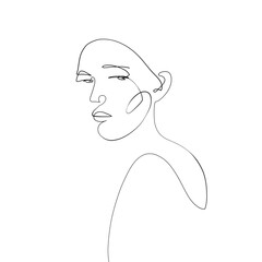 One line hand drawn woman face. Vector minimalist illustration isolated on white background. 