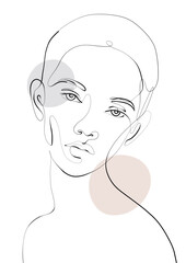 One line continuous woman with pastel circles. Vector minimalist illustration isolated on white background. 