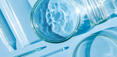 serum in petri dishes on light blue background cosmetic research concept