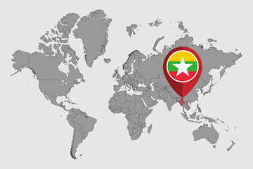 Pin map with Myanmar flag on world map. Vector illustration.