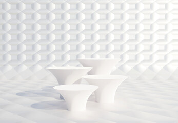 Four white podiums with abstract white pearl wall. Stand to show products. Stage showcase with minimal clean scene for presentation. Pedestal display. 3D rendering. Studio platform template.