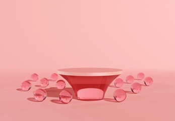 Peach pink podium with glass texture balls. Stand to show products. Stage showcase with elegant scene for presentation. Pedestal display. 3D rendering. Studio platform template.