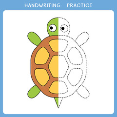 Handwriting practice worksheet. Simple educational game for kids. Vector illustration of cute turtle for coloring book