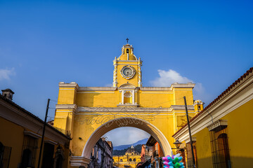 Beautiful aerial cinematic footage of the Antigua City in Guatemala, Its yellow church, the Santa...