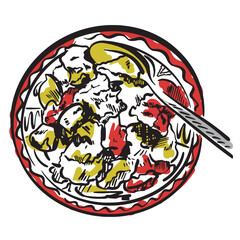 Vector drawing of the Moldovan national traditional dish tokan. Sketch for the menu. Folklore plate with a spoon