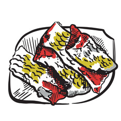 Vector drawing of pieces of fried fish on a plate. View from above. River fish sketch