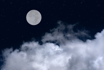 Full moon with clouds and stars in the night.	